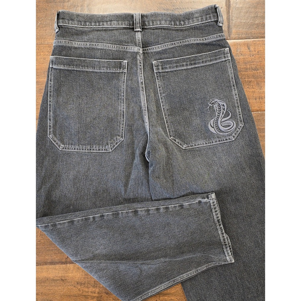 Y2K Grunge 90s Baggy Skater Jeans 32x32 Washed Black Cobra Embroidered Denim